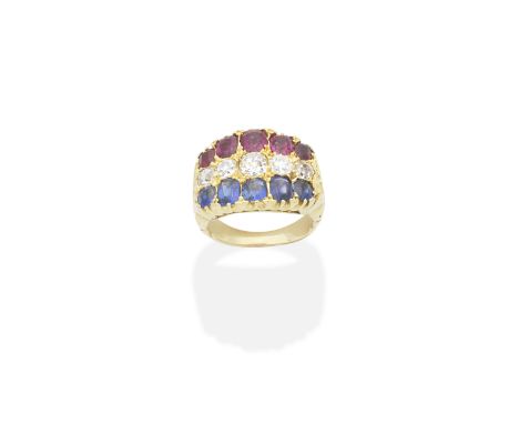 RUBY, SAPPHIRE AND DIAMOND RING, LATE 19TH CENTURYOld brilliant-cut and cushion-shaped diamonds between cushion-shaped sapphi