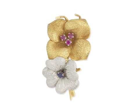 GARRARD: RUBY AND SAPPHIRE FLOWER BROOCH, CIRCA 1961The circular-cut rubies and sapphires, mounted in 18 carat gold, maker's 