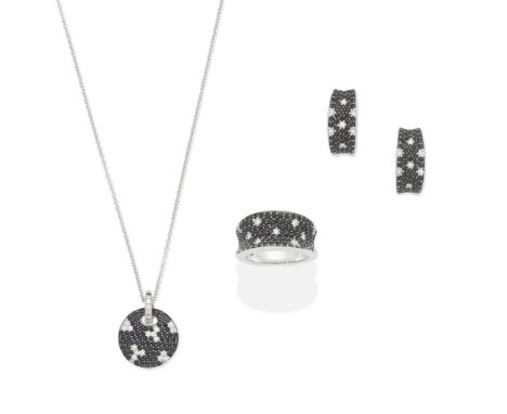 ROBERTO COIN: DIAMOND AND SAPPHIRE PENDANT NECKLACE, RING AND EARRING SUITEEach set with brilliant-cut diamonds and circular-