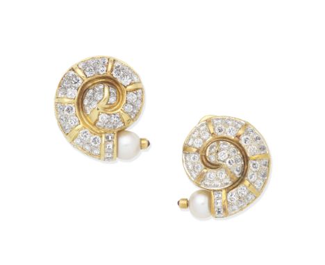 CULTURED PEARL AND DIAMOND EARCLIPSEach of stylised snail design, brilliant and square step-cut diamonds, with 6.5mm cultured