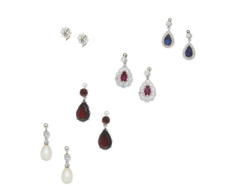 DIAMOND, NATURAL PEARL AND GEM-SET INTERCHANGEABLE EARRINGSEach cushion-shaped diamond accompanied by detachable and intercha
