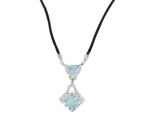 AQUAMARINE AND DIAMOND PENDANT NECKLACEThe half-moon aquamarine suspending the step-cut aquamarine via old brilliant and sing