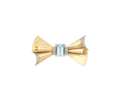 AQUAMARINE AND DIAMOND 'BOW' BROOCH, CIRCA 1940The sculptural bow, with step-cut aquamarine, accented by single-cut diamonds,