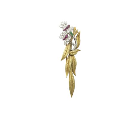 GEM-SET FLORAL SPRAY BROOCHThe baguette and brilliant-cut diamond and cabochon ruby and emerald flowers, with leaves of brush