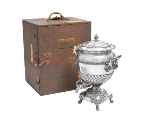 A George III Old Sheffield Plate Hot-Water Urn, Apparently Unmarked, Circa 1820 tapering on on four foliage and scroll-capped