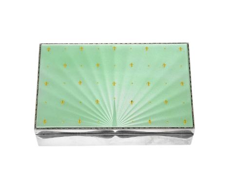 A George VI Silver and Enamel Cigarette-Box, by Albert Carter, Birmingham, 1951 oblong, the hinged cover with pale green guil