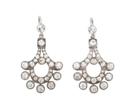A Pair of Diamond Drop Earringsof chandelier form, set throughout with old cut diamonds, in white millegrain settings, total 