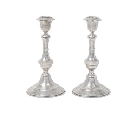 A Pair of Austro-Hungarian Silver Candlesticks, Makers Mark TB, Vienna, 1872-1922 on domed base with engraved Greek-key ornam