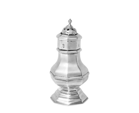 A George I Silver Pepperette, by Simon Pantin, London, 1722 tapering octagonal and on spreading conforming stepped foot, the 