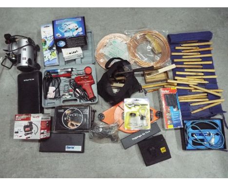 Lot to include a Voilamart AS18 airbrush air compressor, mini airbrush kit, files, boxed tyre inflator, hand tools and simila