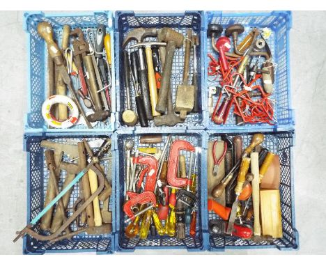 A quantity of mixed hand tools including saws, hammers, screwdrivers, clamps and other. [6]