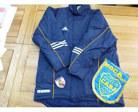Football - a Real Madrid pre-match waterproof jacket, size UK 40/42, a Real Madrid patch badge and a CABJ Boca Juniors penant