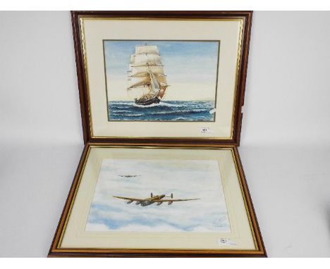 Two watercolours comprising one depicting aircraft in flight and the other a ship at sail, each signed by the artist F R Gels