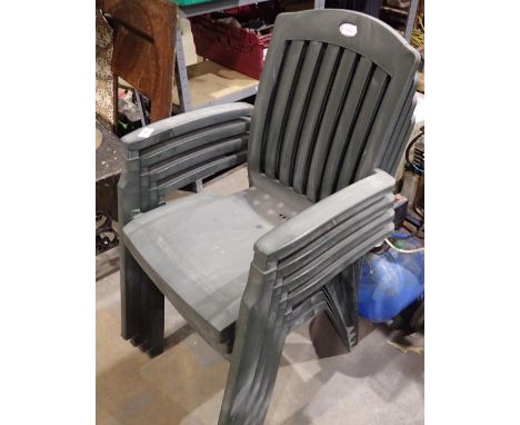 Four green plastic garden chairs. Not available for in-house P&amp;P 