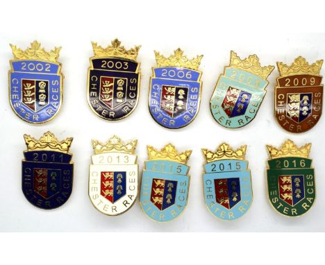 Ten Chester Racecourse enamel and gilt badges. P&amp;P Group 1 (£14+VAT for the first lot and £1+VAT for subsequent lots) 
