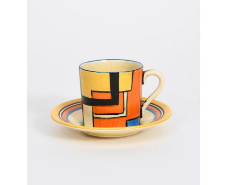 'Mondrian' a Clarice Cliff Fantasque Bizarre Tankard coffee can and saucer, painted in colours, the saucer with blue, orange,