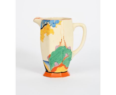 'Seven Colour Secrets' a Clarice Cliff Bizarre Athens jug, shape no.30, painted in colours between orange bands printed facto