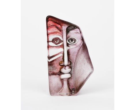 A Maleras glass block sculpture designed by Mats Jonasson, irregular form, reverse decorated with a portrait of a man, applie