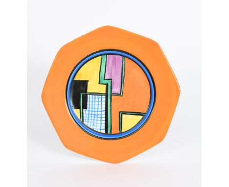 'Football' a Clarice Cliff Bizarre plate,  octagonal, painted in colours inside an orange band, printed factory marks, 21.5cm