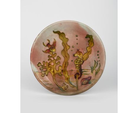 'Carribean' a Moorcroft Pottery plate designed by Walter Moorcroft, tubeline decorated with exotic fish and seahorses amongst