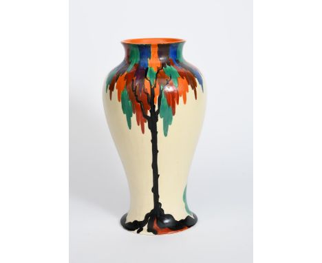 'Latona Tree' a large Clarice Cliff Bizarre Mei Ping vase, painted in colours on a Latona cream ground, printed and painted m