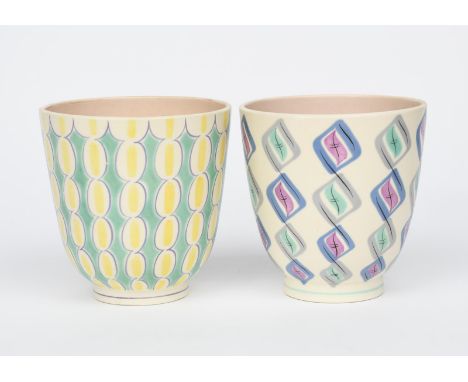 A Poole Pottery Contemporary footed vase designed by Alfred Read, pattern X/PS, painted with bamboo stems in yellow, mint gre