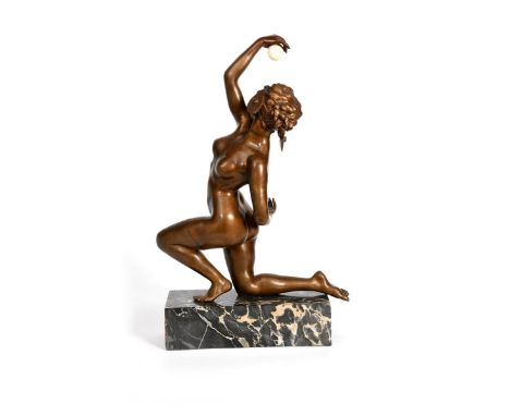 λ Affortunato Gory (1895-1925) Dancer with Ball, a large patinated bronze sculpture of a exotic maiden, nude, kneeling on one