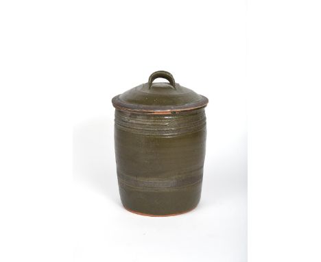 Richard Batterham (1936-2021) a large stoneware sugar jar and cover, cylindrical form with domed cover, covered to the foot i