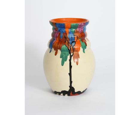 'Latona Tree' a Clarice Cliff Bizarre vase, shape no.358, painted in colours on a Latona cream ground, printed and painted ma