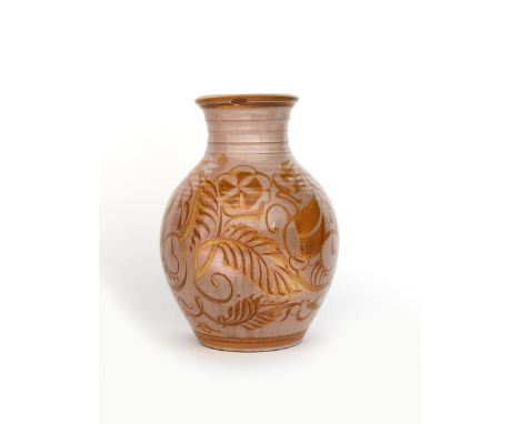 ‡ Alan Caiger-Smith MBE (1930-2020) an Aldermaston Pottery vase, ovoid with cylindrical neck, painted with stylised flower an