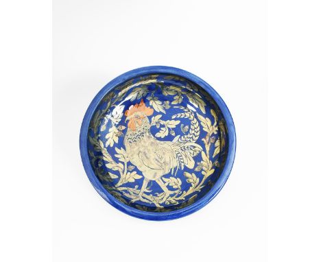 ‡ Jonathan Chiswell Jones (born 1944) Cockerel, 2008 a pottery deep welled wall charger, painted with a cockerel amongst oak 