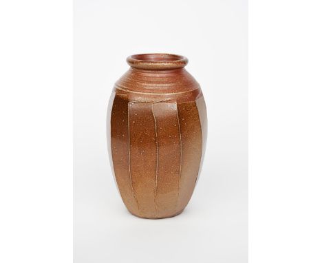 Richard Batterham (1936-2021) a large salt-glazed stoneware cut-sided jar, the neck slipped to the shoulder with iron red ove