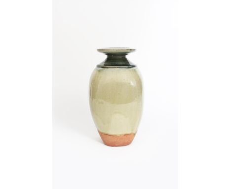 Richard Batterham  (1936-2021) a stoneware bottle vase, covered to the foot in an ash glaze with runs, unsigned, small chip t