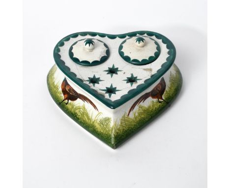 A Wemyss Pottery Pheasant heart shaped double inkwell,  painted with three birds amongst bracken, in colours impressed Wemyss