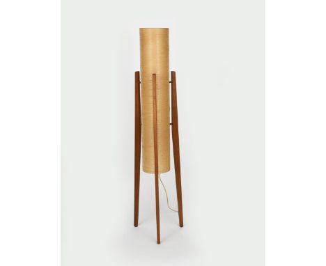 A mid-century Rocket floor lamp probably Novoplast, teak tripod frame with fibreglass  shade, unsigned, 113cm. high