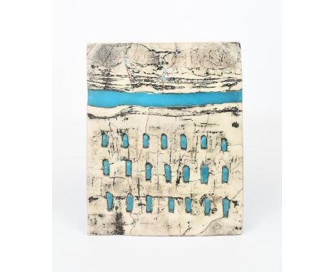 ‡ Peter Hayes (born 1946) a raku wall panel with blue resin band and panels, on wooden frame, 2005 incised Peter Hayes 05 48 
