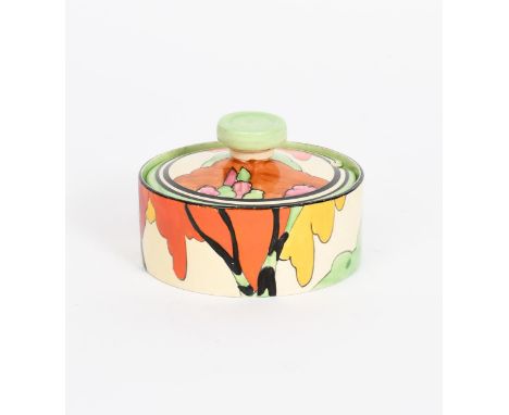 'Honolulu' a Clarice Cliff Fantasque Bizarre preserve pot and cover, painted in colours with design to base and cover, printe