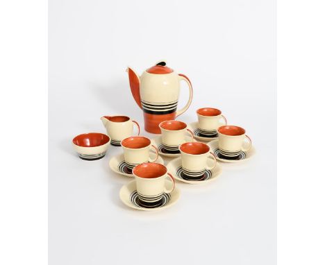 A Susie Cooper Productions Red Tango Kestrel shaped coffee set for six designed by Susie Cooper,  pattern no.1998, painted wi