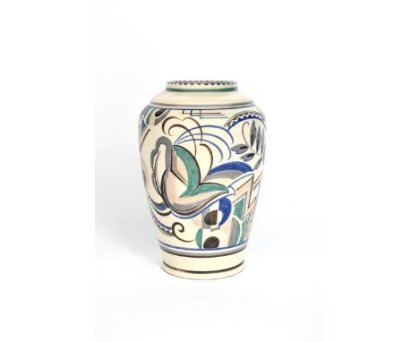 A Poole Pottery vase by Ruth Pavely, pattern E probably designed by Truda Carter, shape 966, painted with geometric flowers a