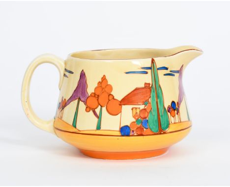 'Seven Colour Secrets' a Clarice Cliff Fantasque Bizarre Crown jug, painted in colours printed factory mark, hairline crack t