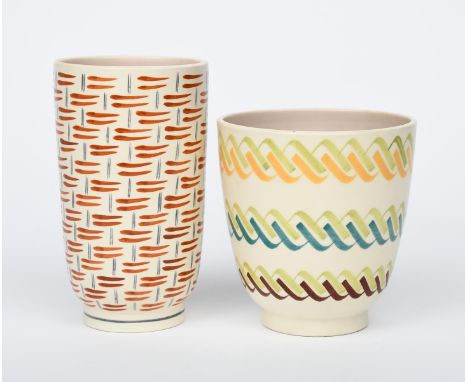 A Poole Pottery Contemporary vase designed by Ruth Pavely and Ann Read, pattern GBA, cylindrical form painted with basket wea