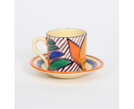 'Garland' a Clarice Cliff Fantasque Bizarre Tankard coffee can and saucer, painted in colours various printed factory marks, 