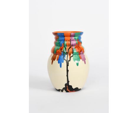 'Latona Tree' a Clarice Cliff Bizarre vase, shape no. 358, painted in colours on a Latona cream ground, printed and painted i