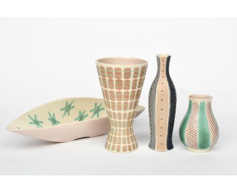 A Poole Pottery Contemporary vase designed by Alfred Read, pattern X/PQB, waisted cylindrical form, painted with bands of mus