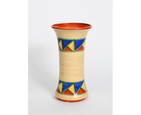 'Original Bizarre' an early Clarice Cliff vase,  shape no.204, waisted cylindrical form, painted with bands of triangles in r