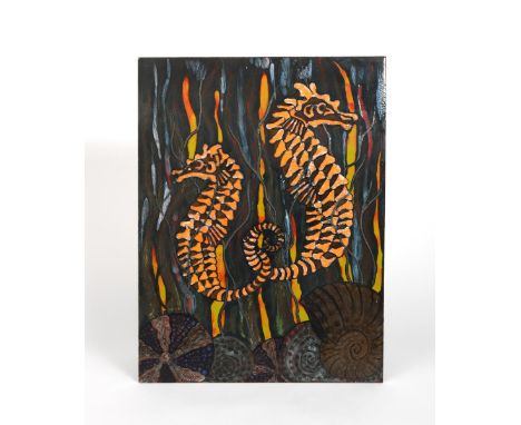 A modern Poole Pottery Studio Seahorse tile plaque probably by Nicola Massarella or Karen Brown,  resist decorated and painte