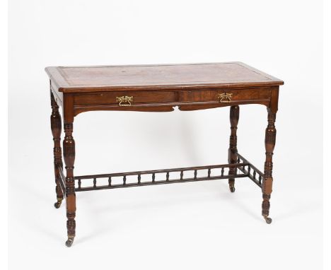 A Lamb of Manchester mahogany writing table the design attributed to Alfred Waterhouse, rectangular section, two drawers with