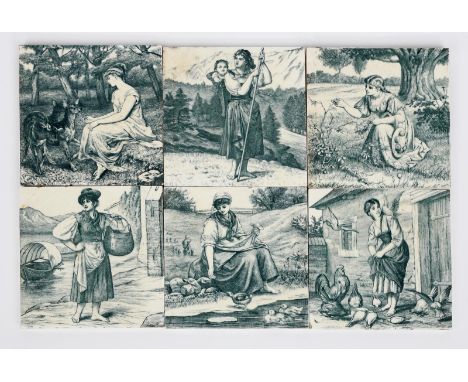 A set of six Mintons Country Pursuits tiles designed by William Wise, printed in blue with young maiden in idyllic country se