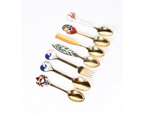 An A Michelsen silver gilt and enamel Christmas 1978 spoon and fork designed by Vibeke Alfert, an A Michelsen silver and enam