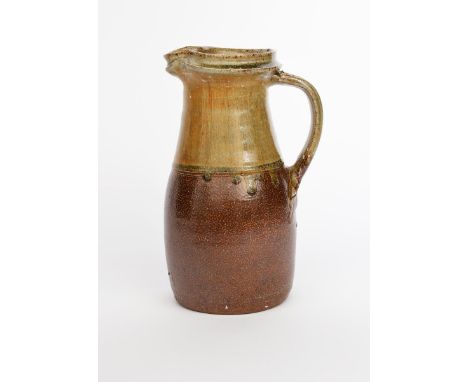 Richard Batterham (1936-2021) a salt-glazed stoneware jug, the neck and upper body with running ash glaze, unsigned, 27cm. hi
